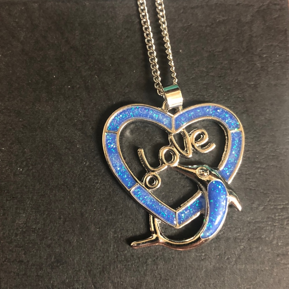 Fire opal heart and dolphin necklace